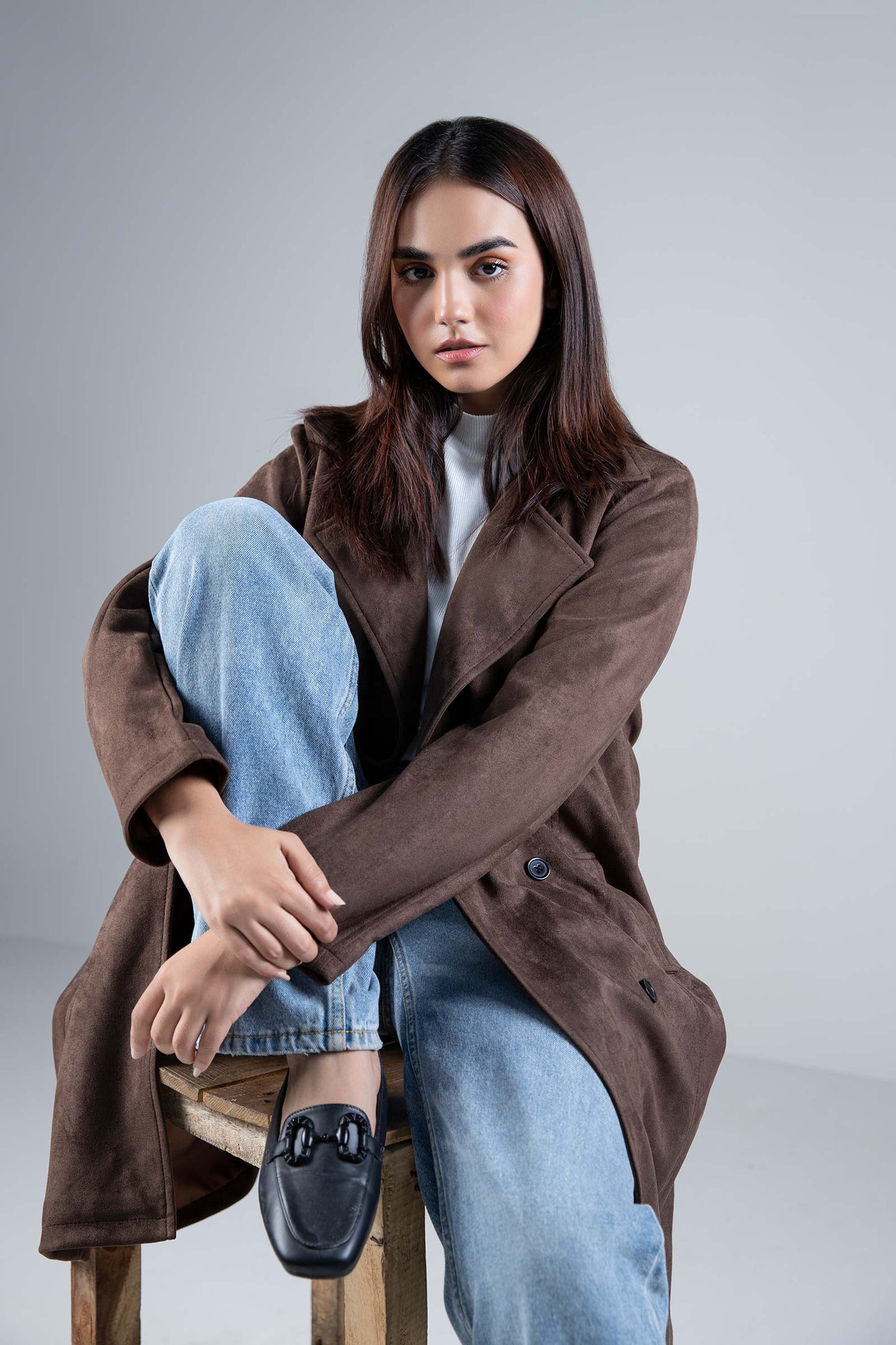 Suede Double Breasted Coat