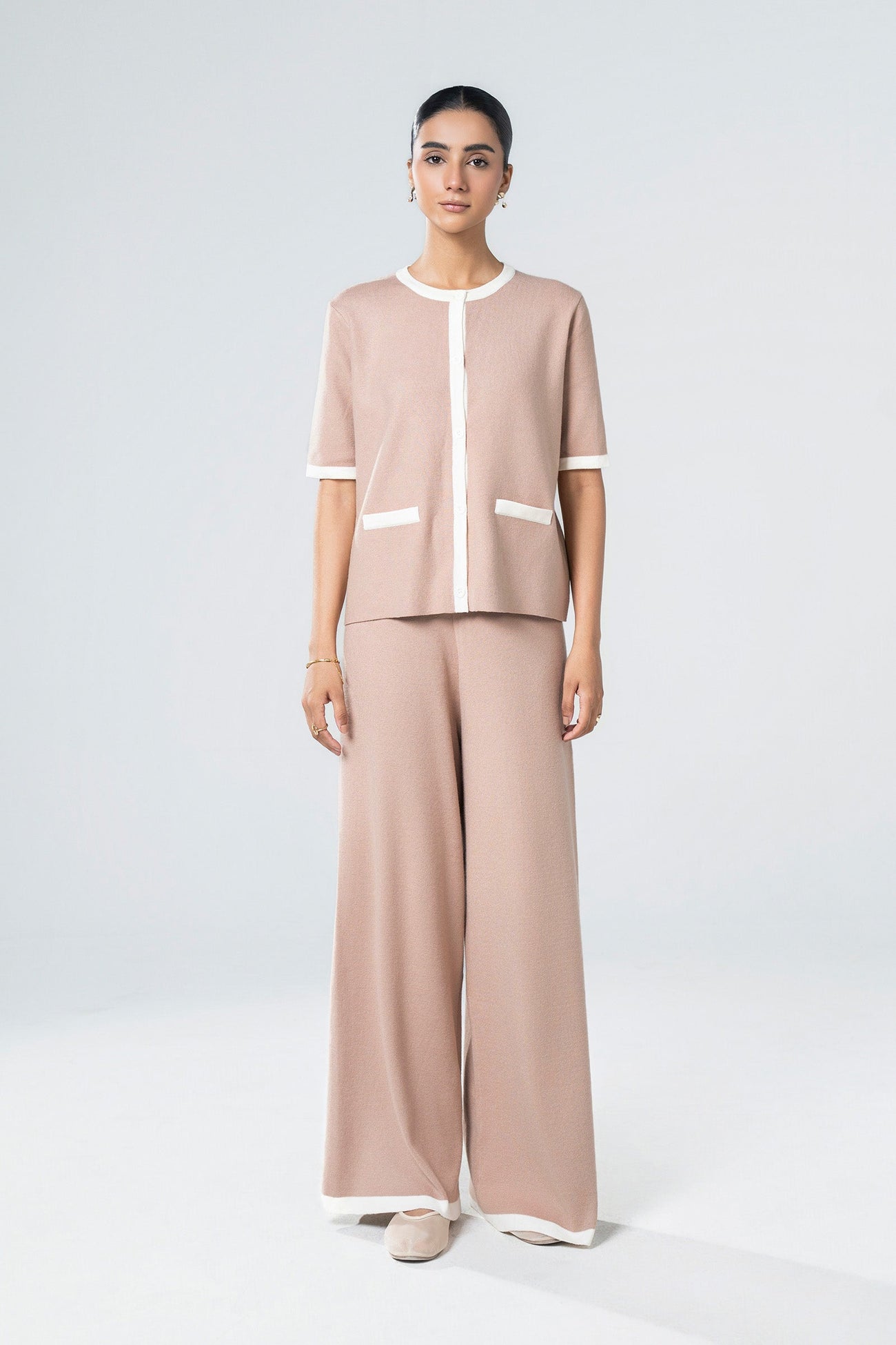 Contrast Piping Sweater Set