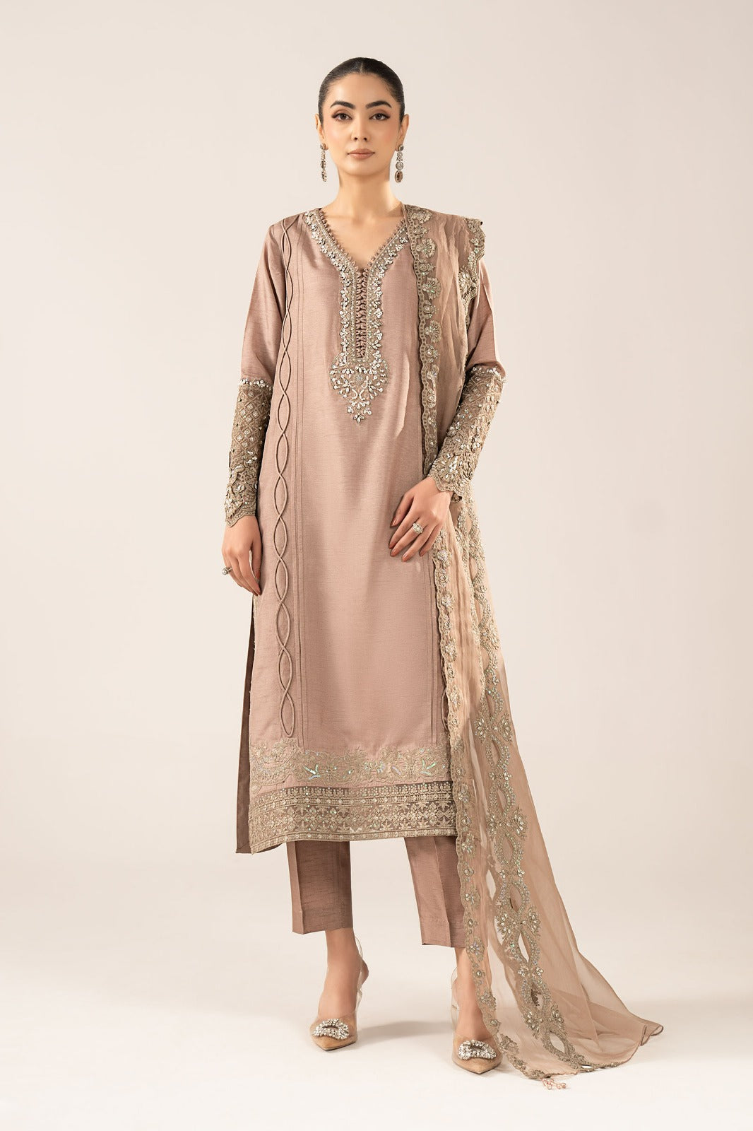 3 Piece Embroidered Raw Silk Suit