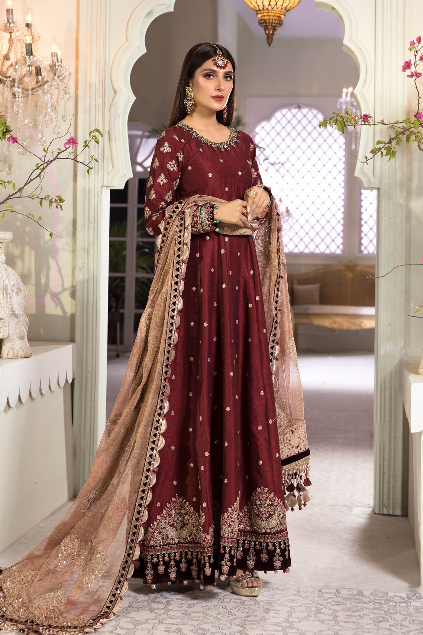 Unstitched MBROIDERED - Maroon and Salmon pink (BD-2204)