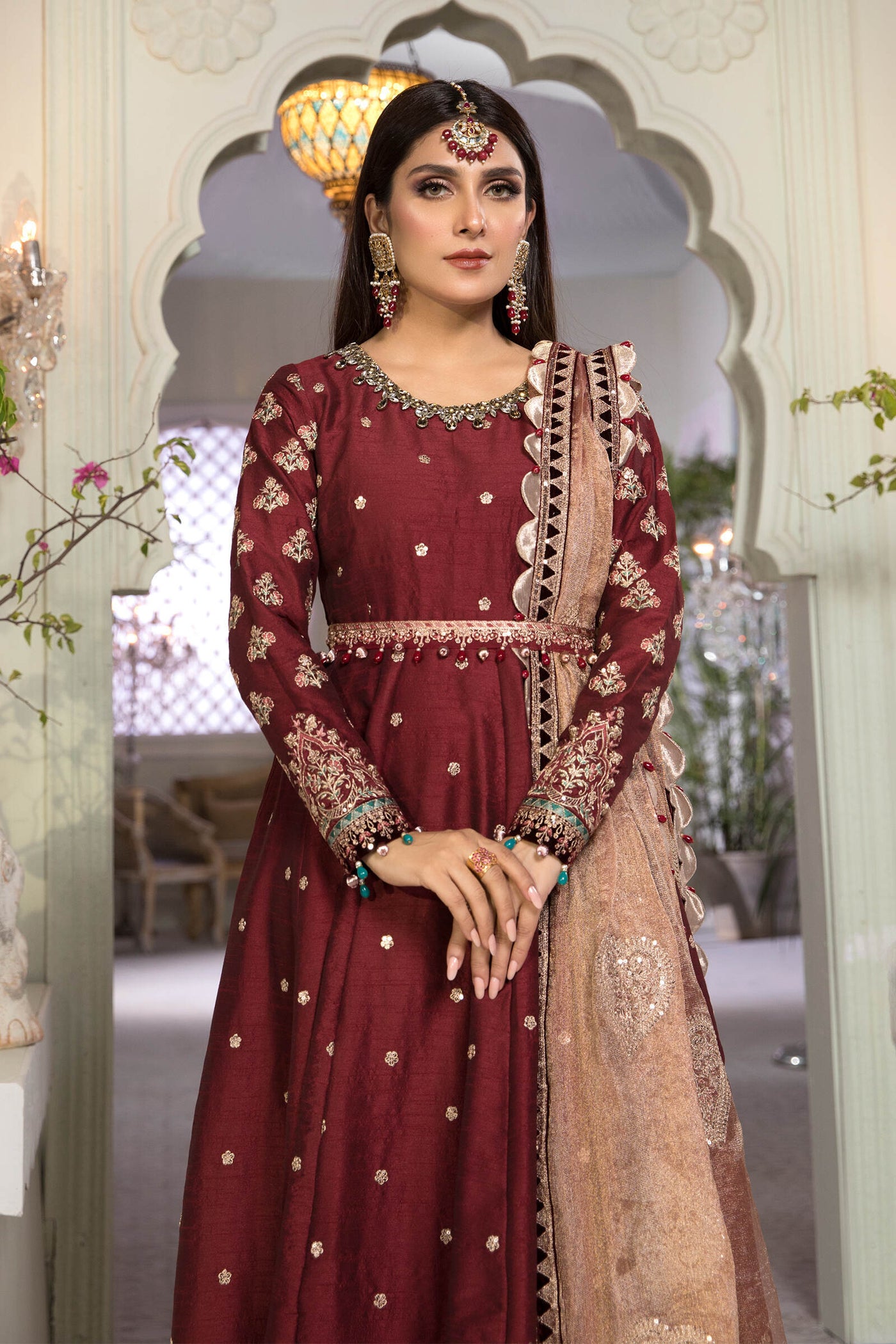 Unstitched MBROIDERED - Maroon and Salmon pink (BD-2204)