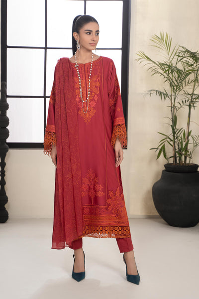 3 PIECE EMBROIDERED LAWN SUIT | DW-EF24-103 All Products DWEF103-ESM-RED