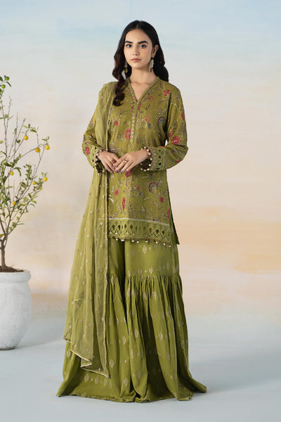 3 PIECE EMBROIDERED SELF JACQUARD SUIT | DW-EF24-03 All Products DWE2403-ESM-GRN