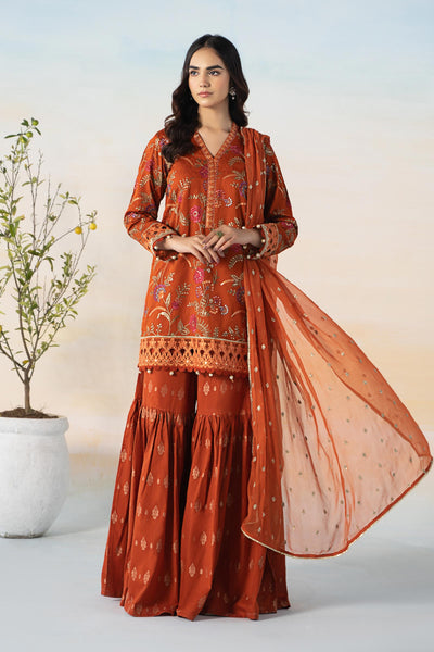 3 PIECE EMBROIDERED SELF JACQUARD SUIT | DW-EF24-03 All Products DWE2403-ESM-0RT