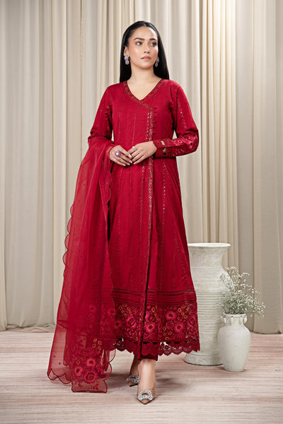 3 PIECE EMBROIDERED LAWN SUIT | DW-EF24-49 All Products DWEF249-ESM-RED