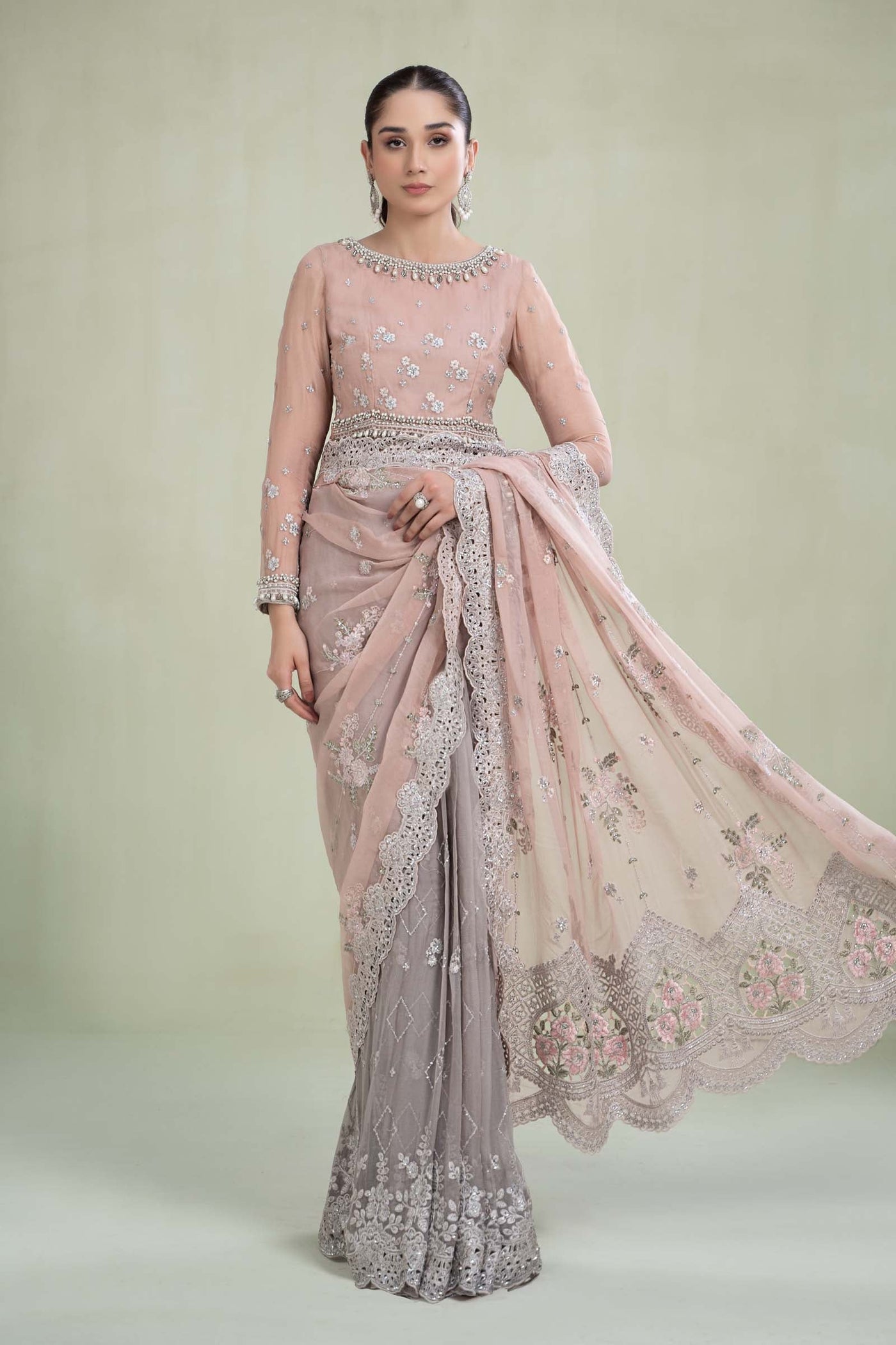 Saree Peach And Grey MCS-23-105