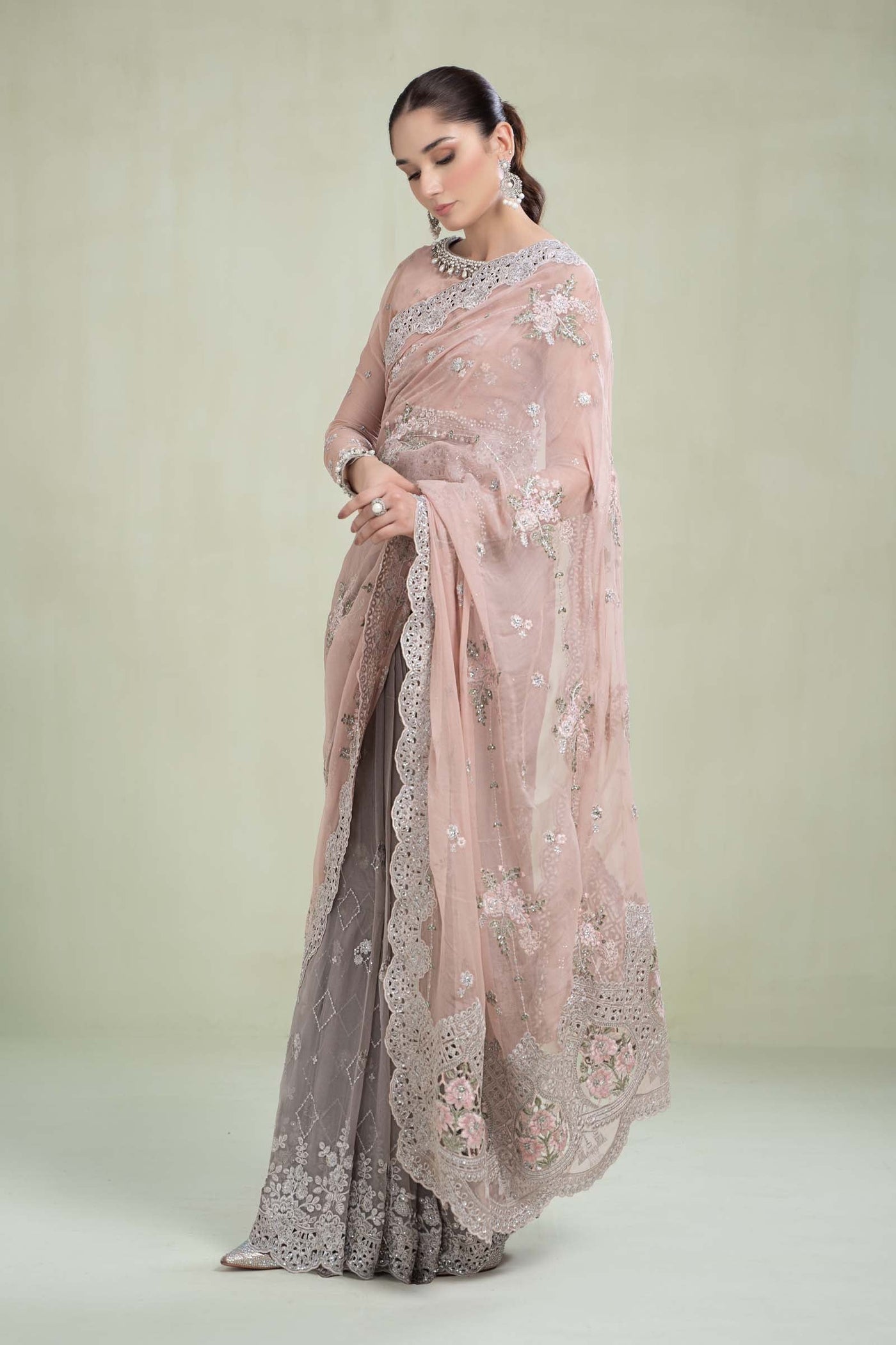Saree Peach And Grey MCS-23-105