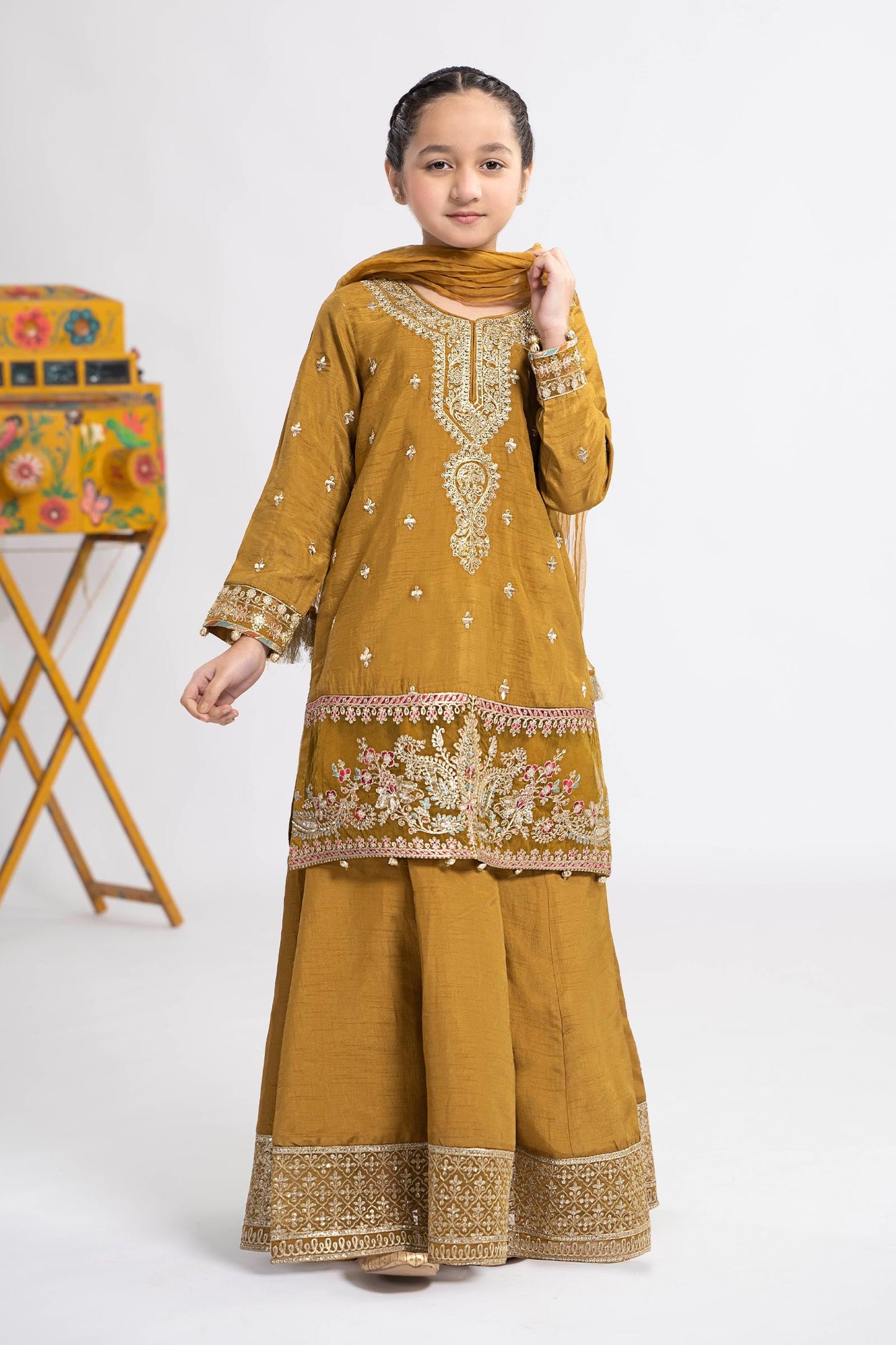 3 Piece Embroidered Raw Silk Suit