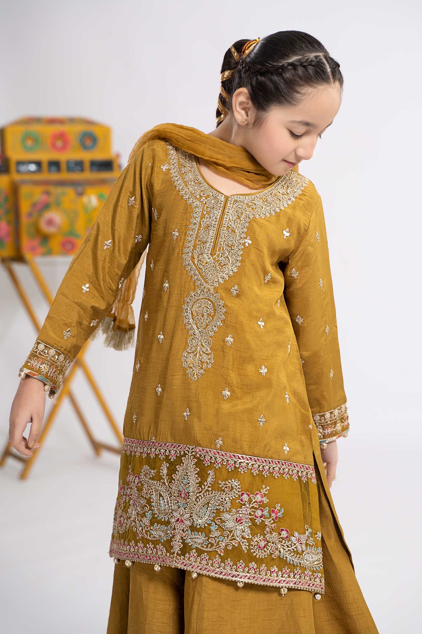 3 Piece Embroidered Raw Silk Suit