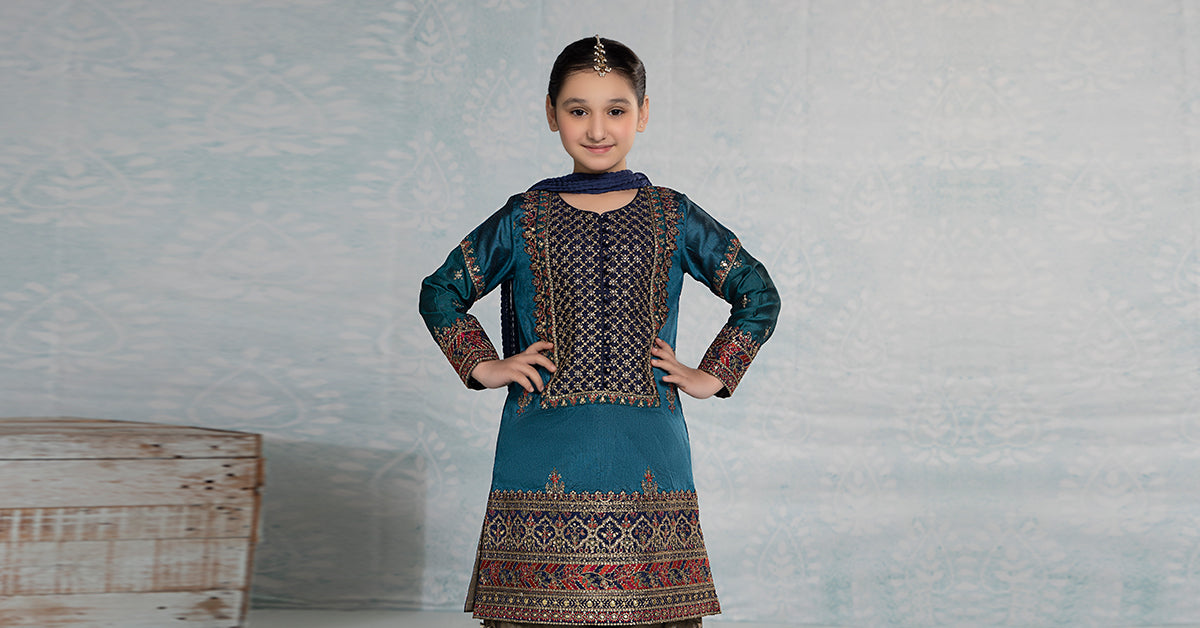 3 Piece Embroidered Raw Silk Suit