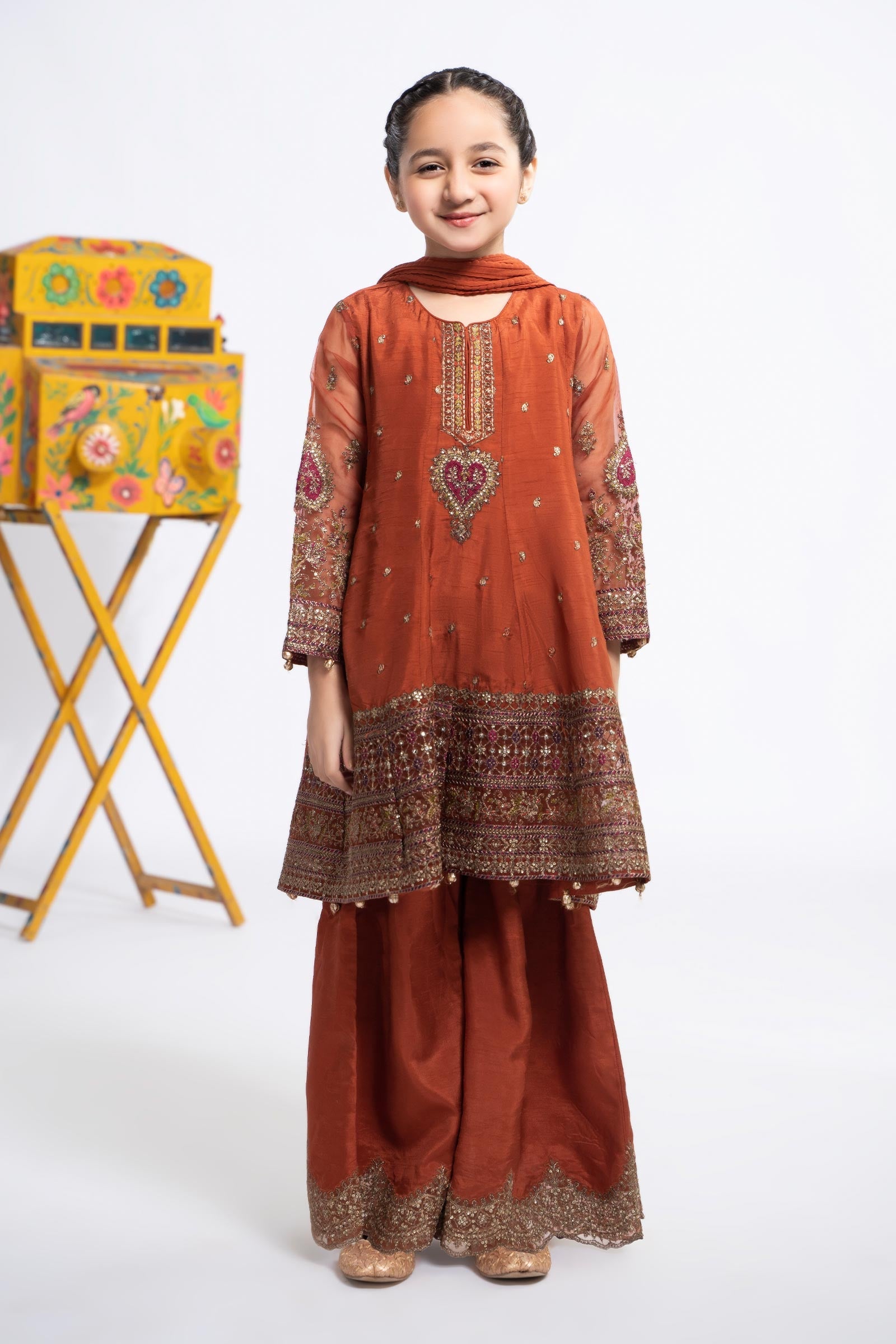 3 Piece Embroidered Raw Silk Suit