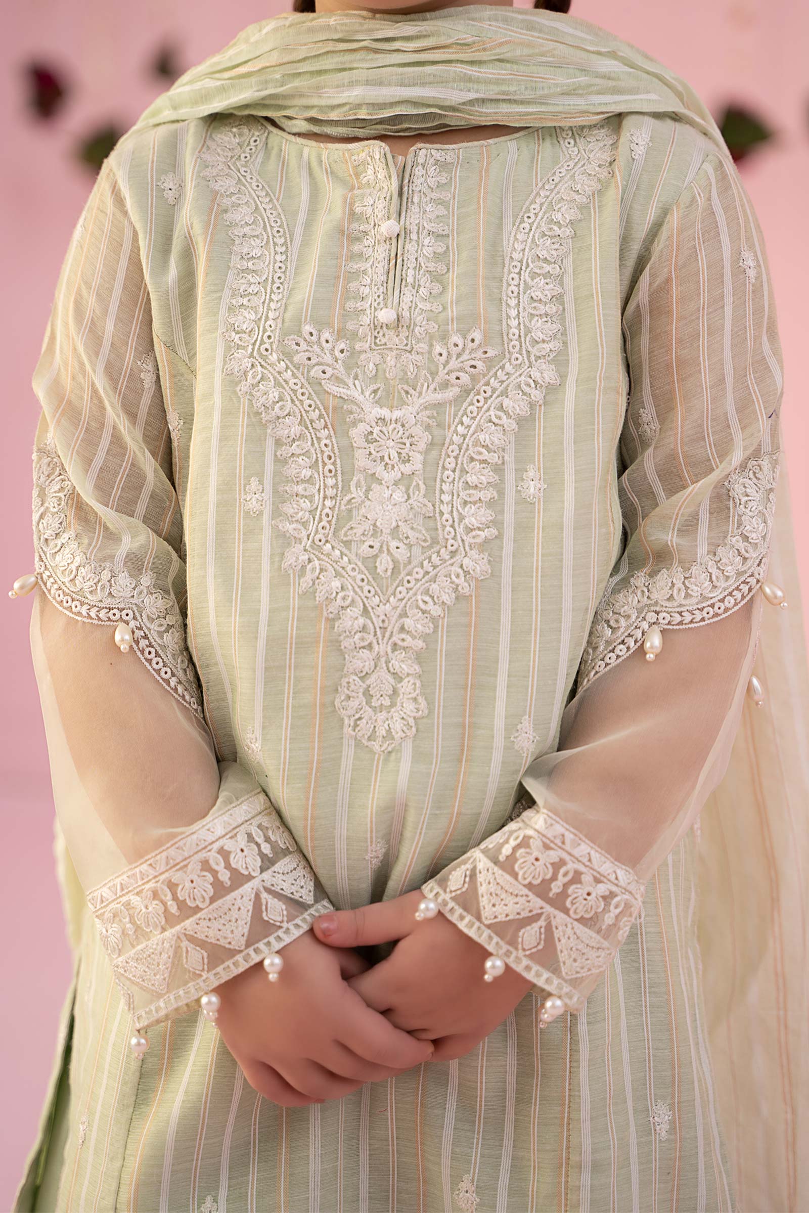 3 Piece Embroidered Stripe Cotton Suit