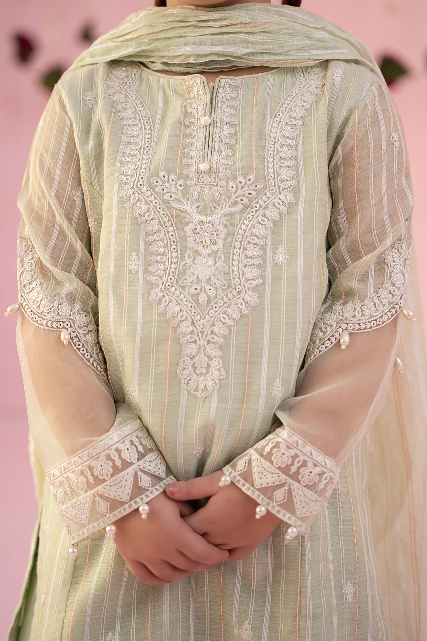3 Piece Embroidered Stripe Cotton Suit