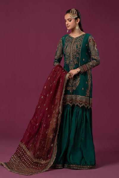 3 PIECE EMBROIDERED RAW SILK SUIT | SF-EF24-15 All Products SFF2415-ESM-GRN