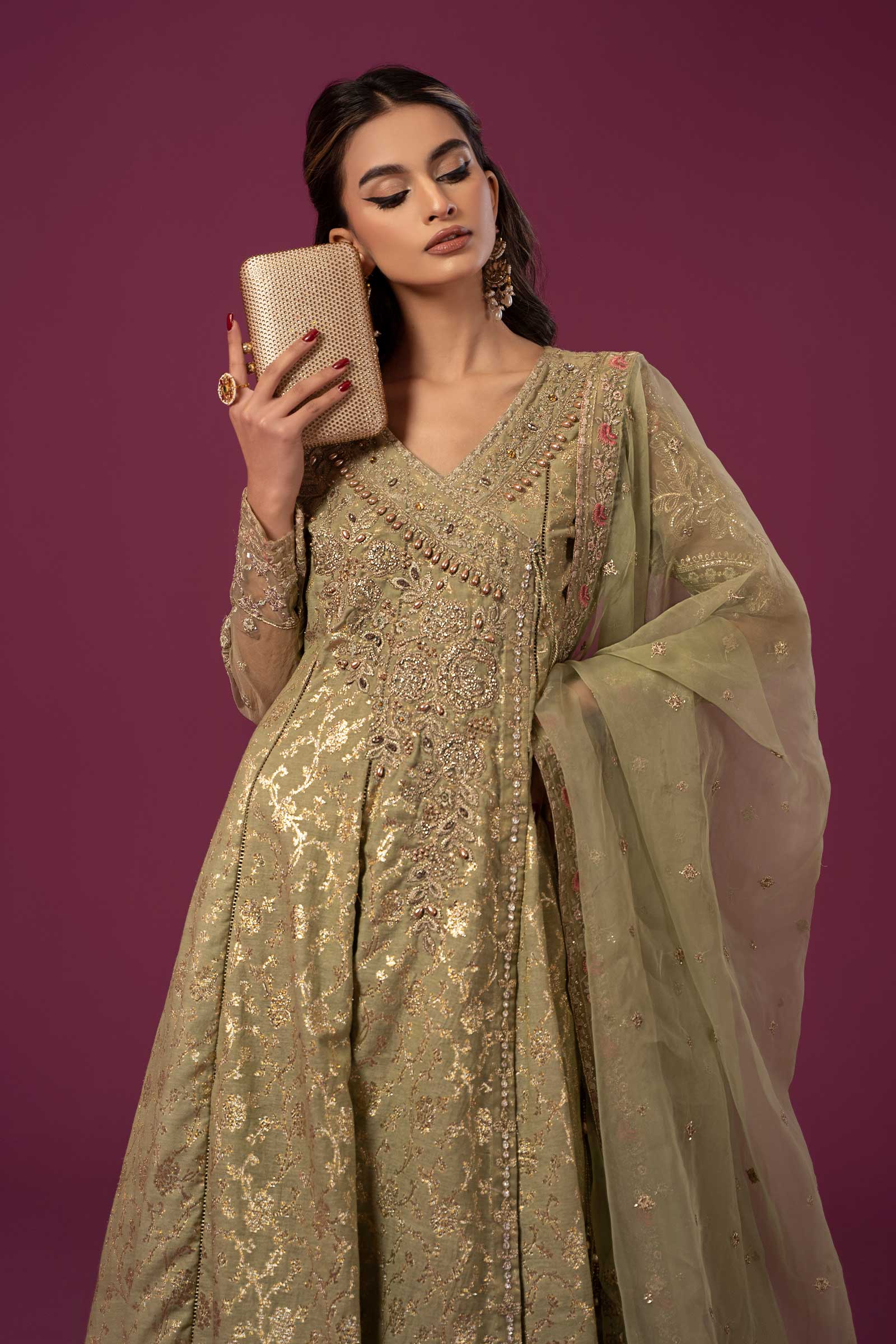 3 Piece Embroidered Cotton Lurex Jacquard Suit